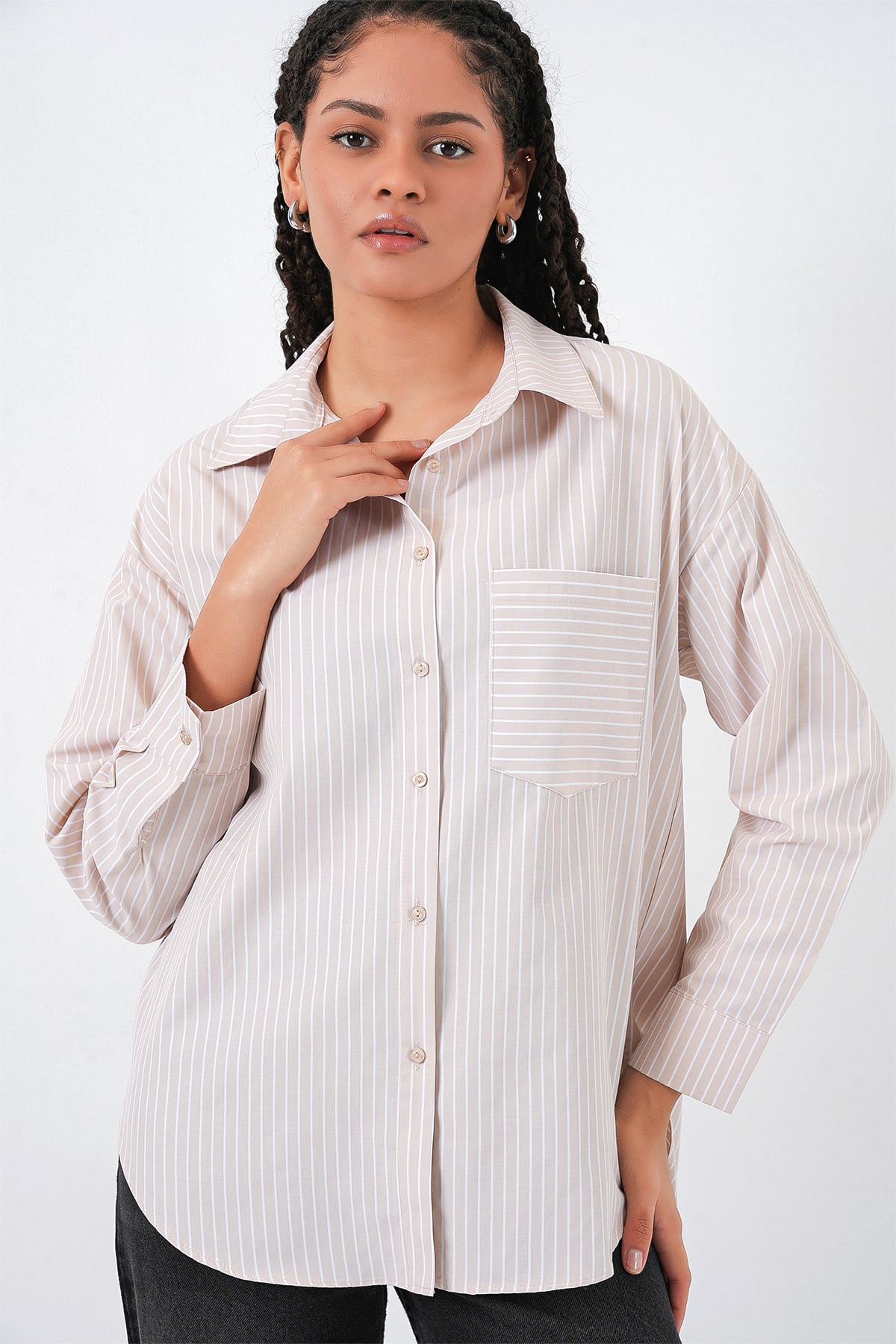 Striped Oversize Shirt - Cream - Bigdart - by Peralane - photo 2
