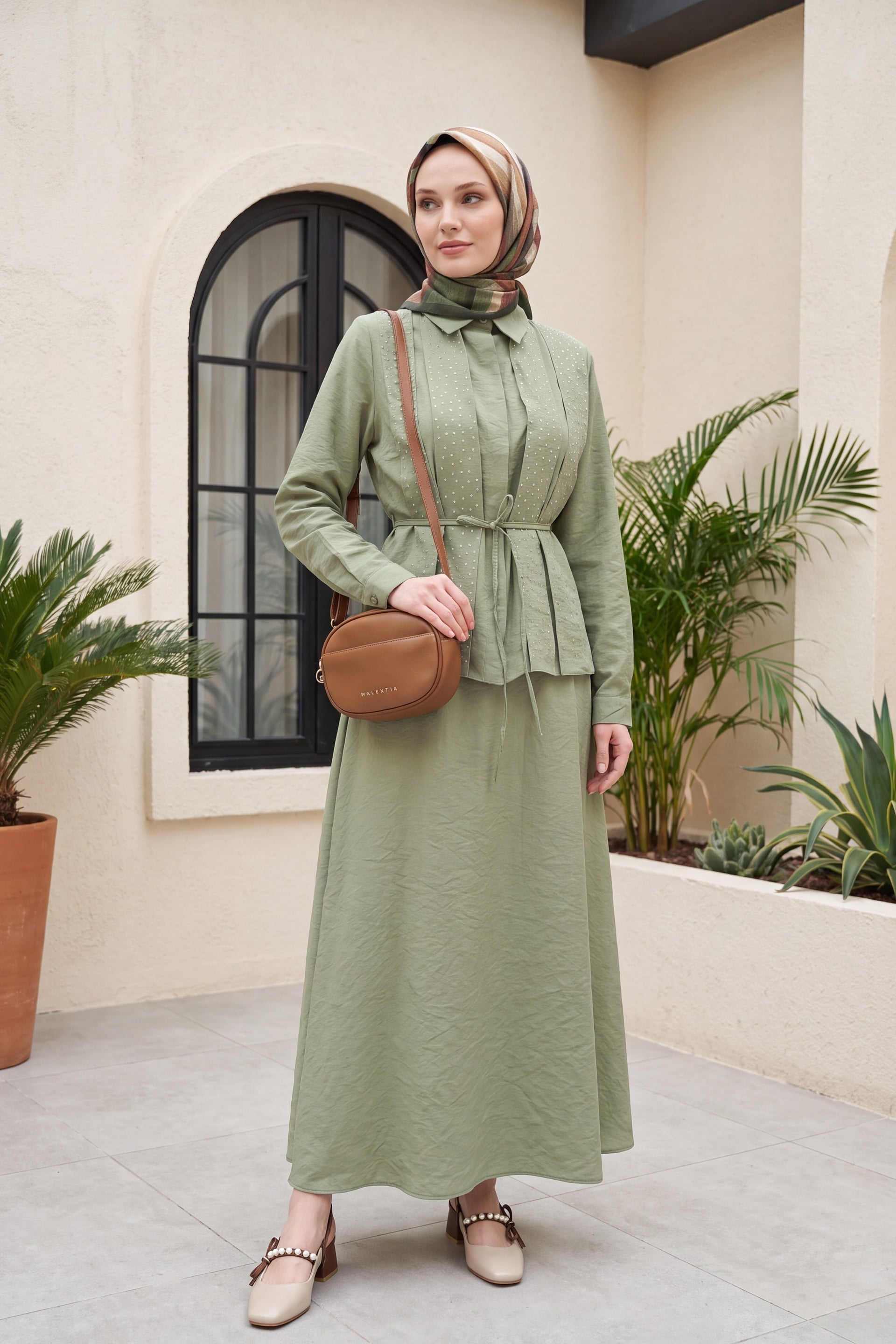 Women's Modest Two-Piece Set - Olive Green with Stone Details and Belted Skirt - Podyumplus - by Peralane - photo 3