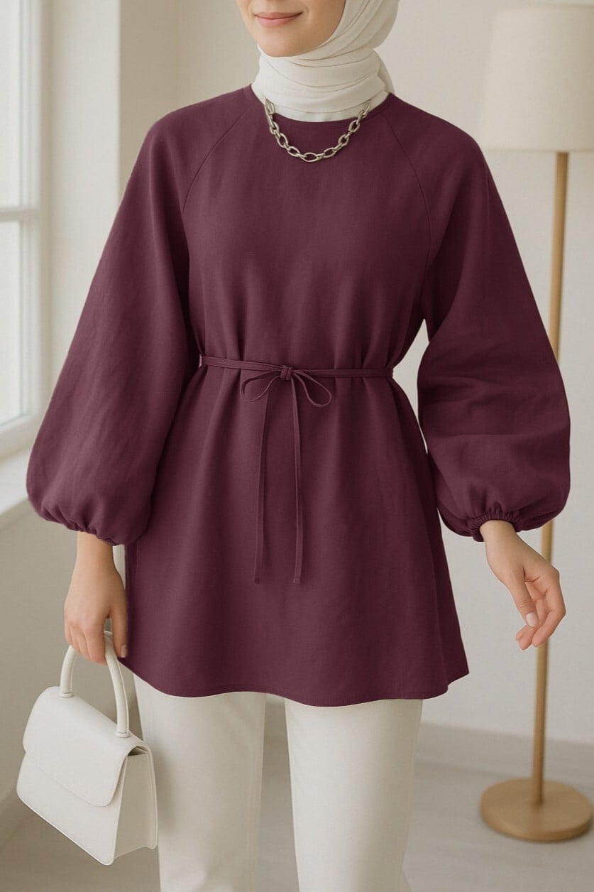 Round Neck Tie Waist Balloon Sleeve Tunic - Burgundy - Podyumplus - by Peralane - photo 7