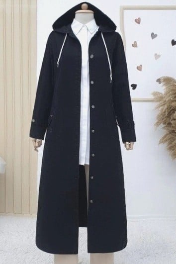 Long Hooded Denim Coat - Black - Podyumplus - by Peralane - photo 3