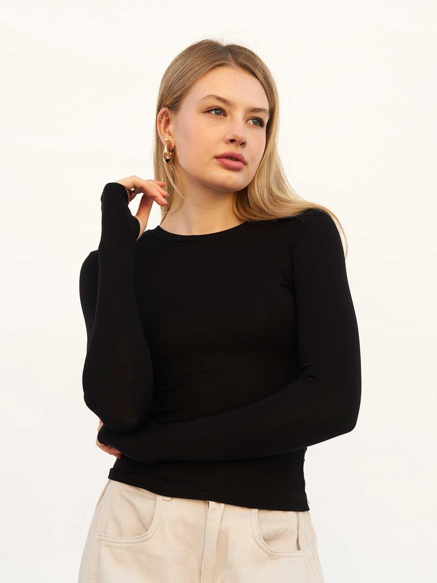 Black Long-Sleeve Crew Neck T-Shirt for Women - Lefon - by Peralane - photo 8