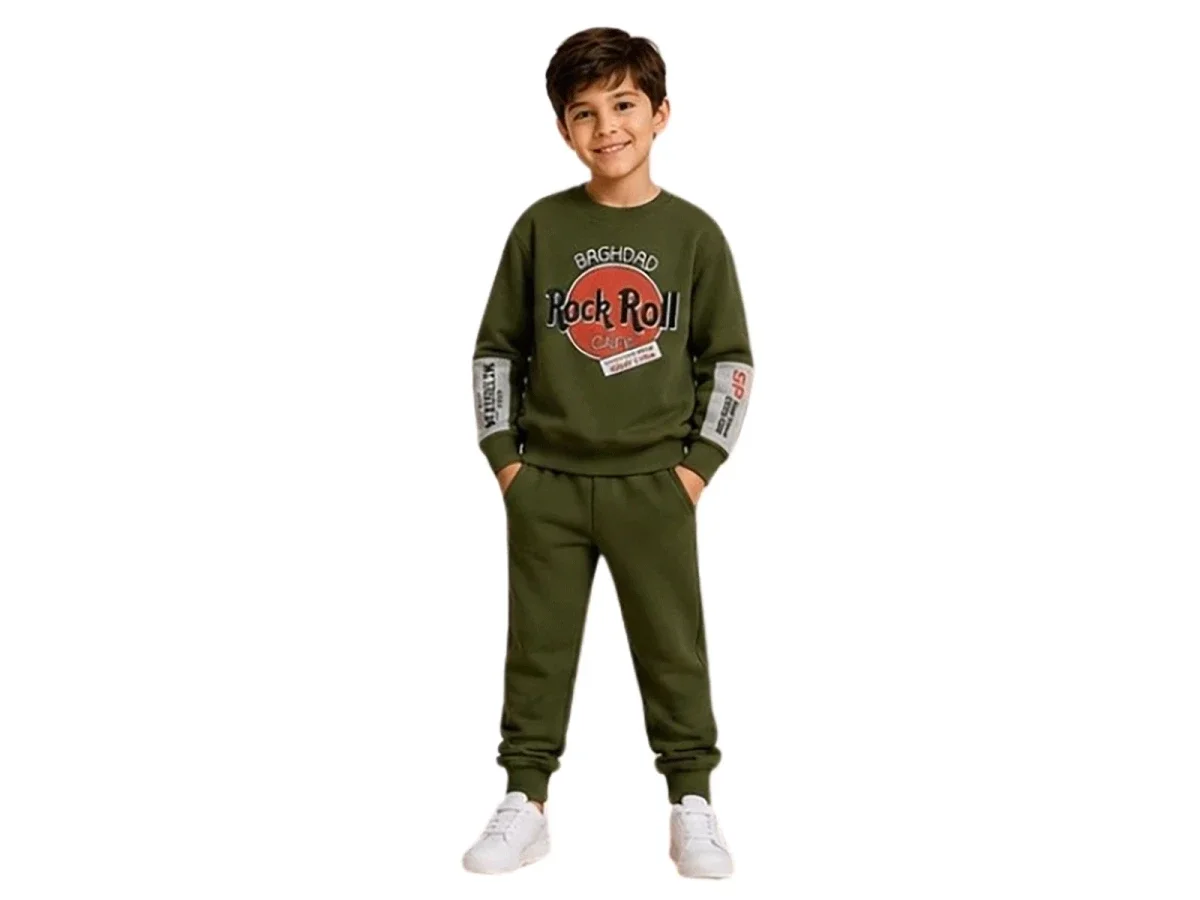 Rock Roll Print Boys' Tracksuit Set - Olive Green (4 Pieces) - Miss Melinda - by Peralane