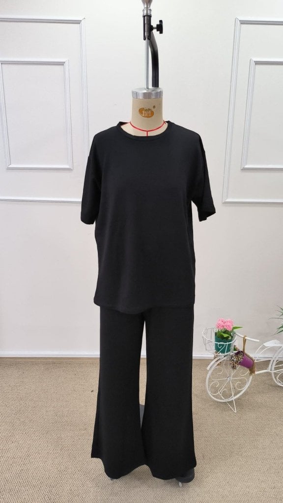 Women's Black Short Sleeve Round Neck Viscose Two-Piece Set with Blouse and Wide-Leg Trousers - Janes - by Peralane - photo 6