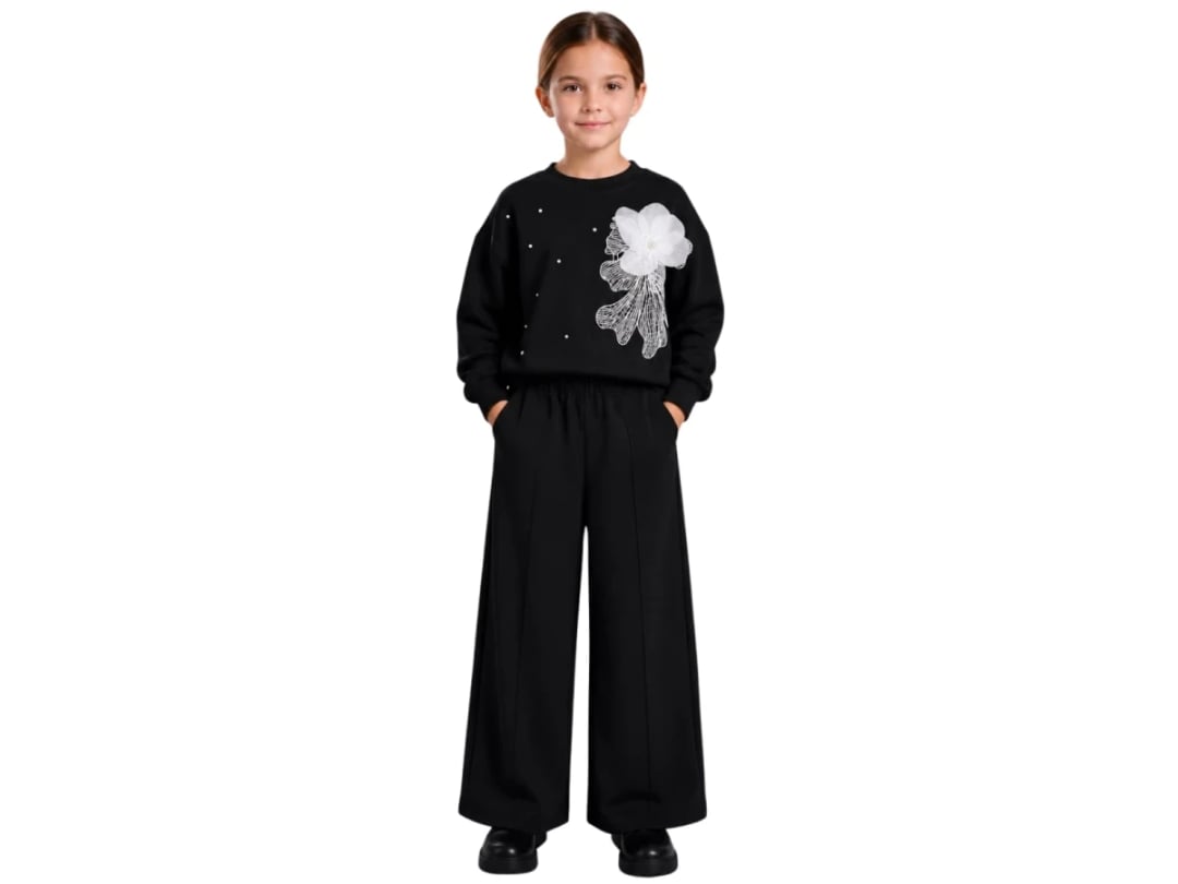 Girls' Black Sweatshirt and Wide-Leg Trousers Set with Floral Appliqué - Incilay - by Peralane