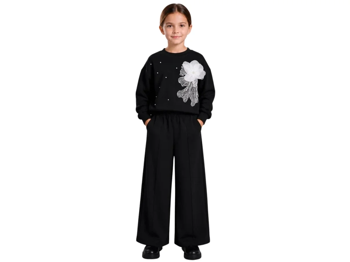 Girls' Black Sweatshirt and Wide-Leg Trousers Set with Floral Appliqué - Incilay - by Peralane