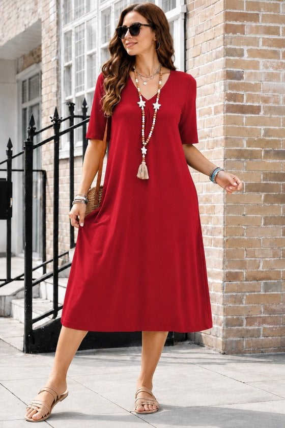 Women's Short Sleeve V-Neck Pocket Detail Midi Viscose Dress in Red - Janes - by Peralane - photo 3