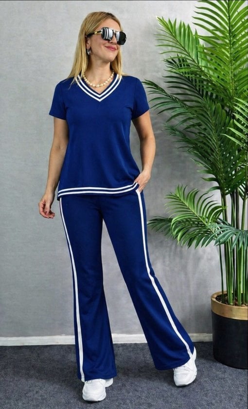 Women's Navy Blue V-Neck Short Sleeve Jersey Top and Flared Trousers Two-Piece Set - Janes - by Peralane