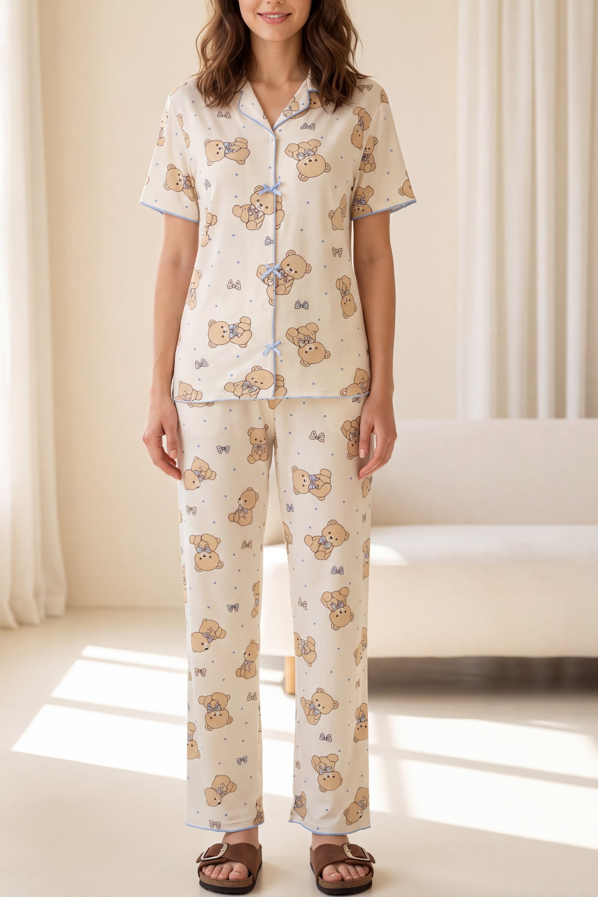 Mixed Figure Print V-Neck Bow Front Short Sleeve Knit Pajama Set - White - Podyumplus - by Peralane - photo 3