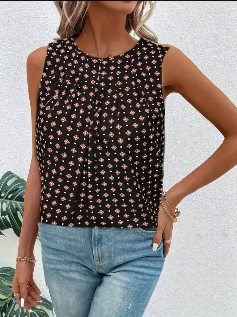 Women's Sleeveless Round Neck Patterned Suprem Blouse - Janes - by Peralane