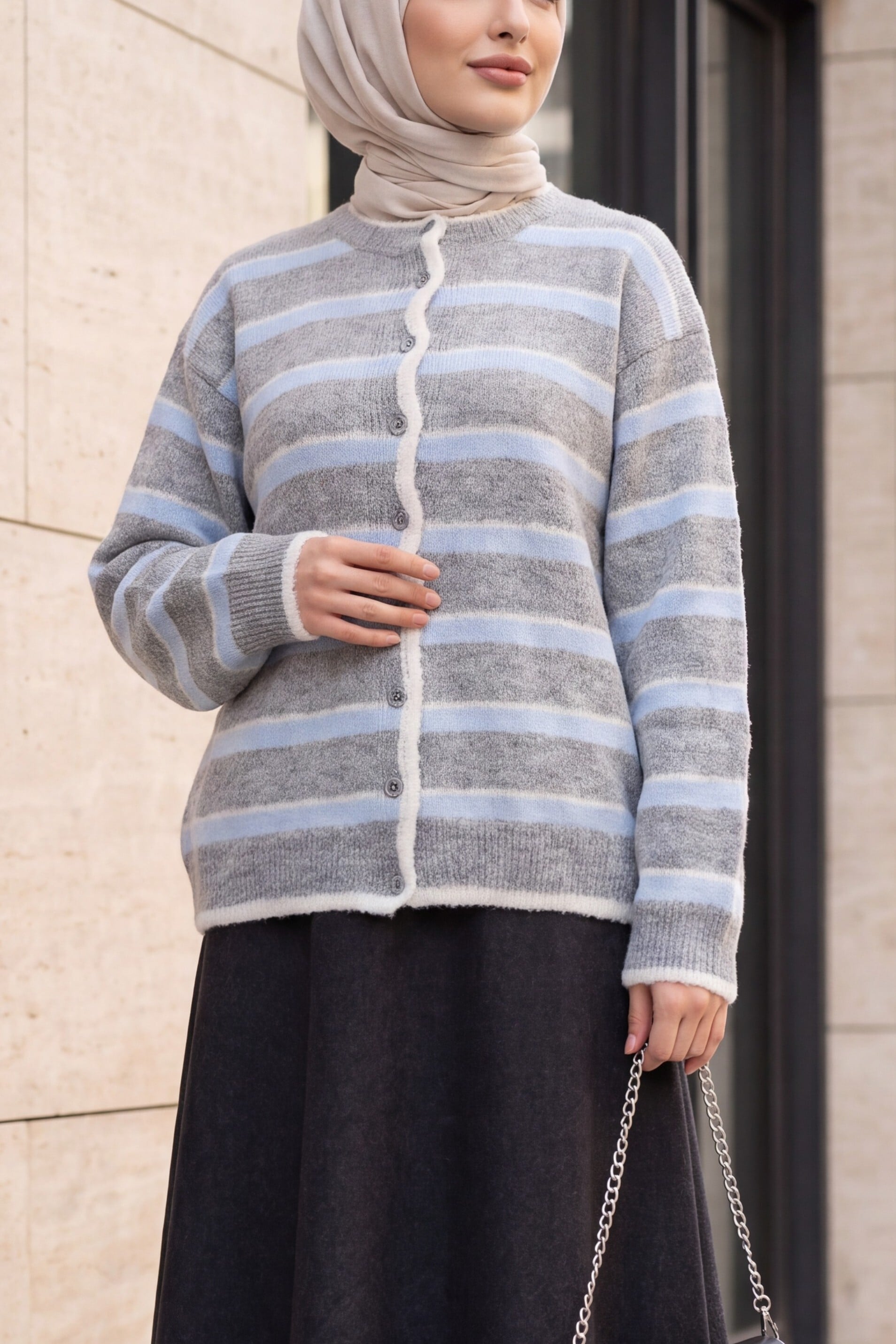 Round Neck Striped Knit Cardigan - Baby Blue - Podyumplus - by Peralane