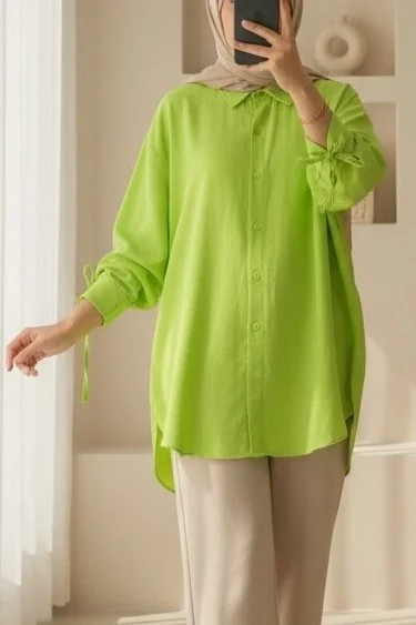 Lime Green Side-Laced High-Low Blouse with Collar - Podyumplus - by Peralane