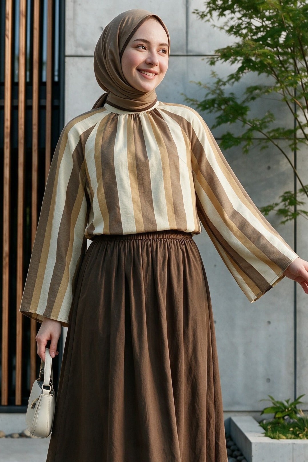 Back-Tie Spanish Sleeve Striped Relaxed Blouse - Brown - Podyumplus - by Peralane