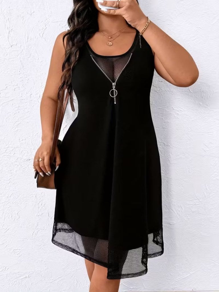 Women's Sleeveless Round Neck Zipper Mesh Trim Viscose Dress - Janes - by Peralane