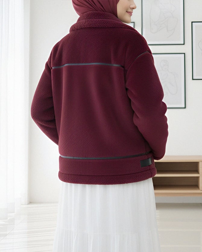 Women's Reversible Detail Plush Laminated Leather Detailing Coat - Burgundy - Podyumplus - by Peralane - photo 2