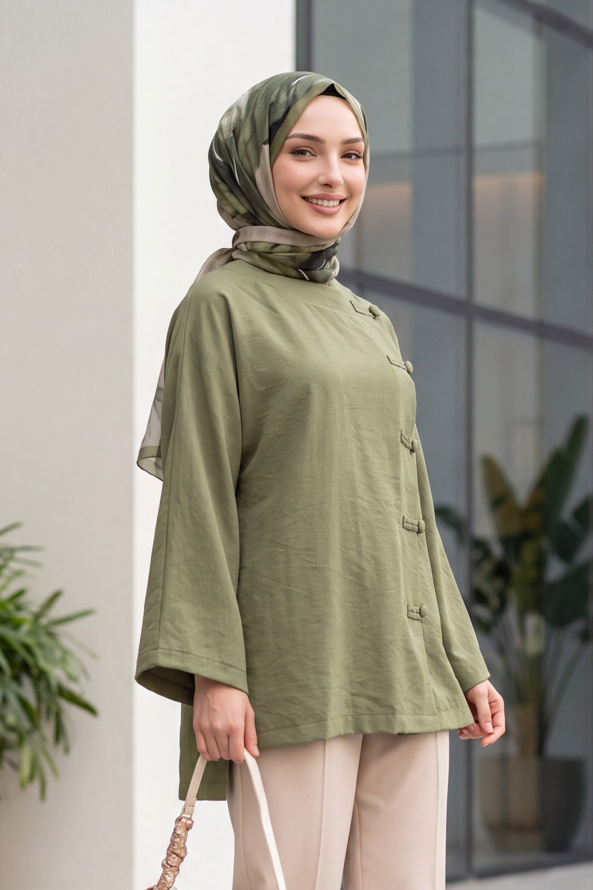 Round Neck Button Front Long Back Polyviscose Tunic - Olive Green - Podyumplus - by Peralane - photo 2