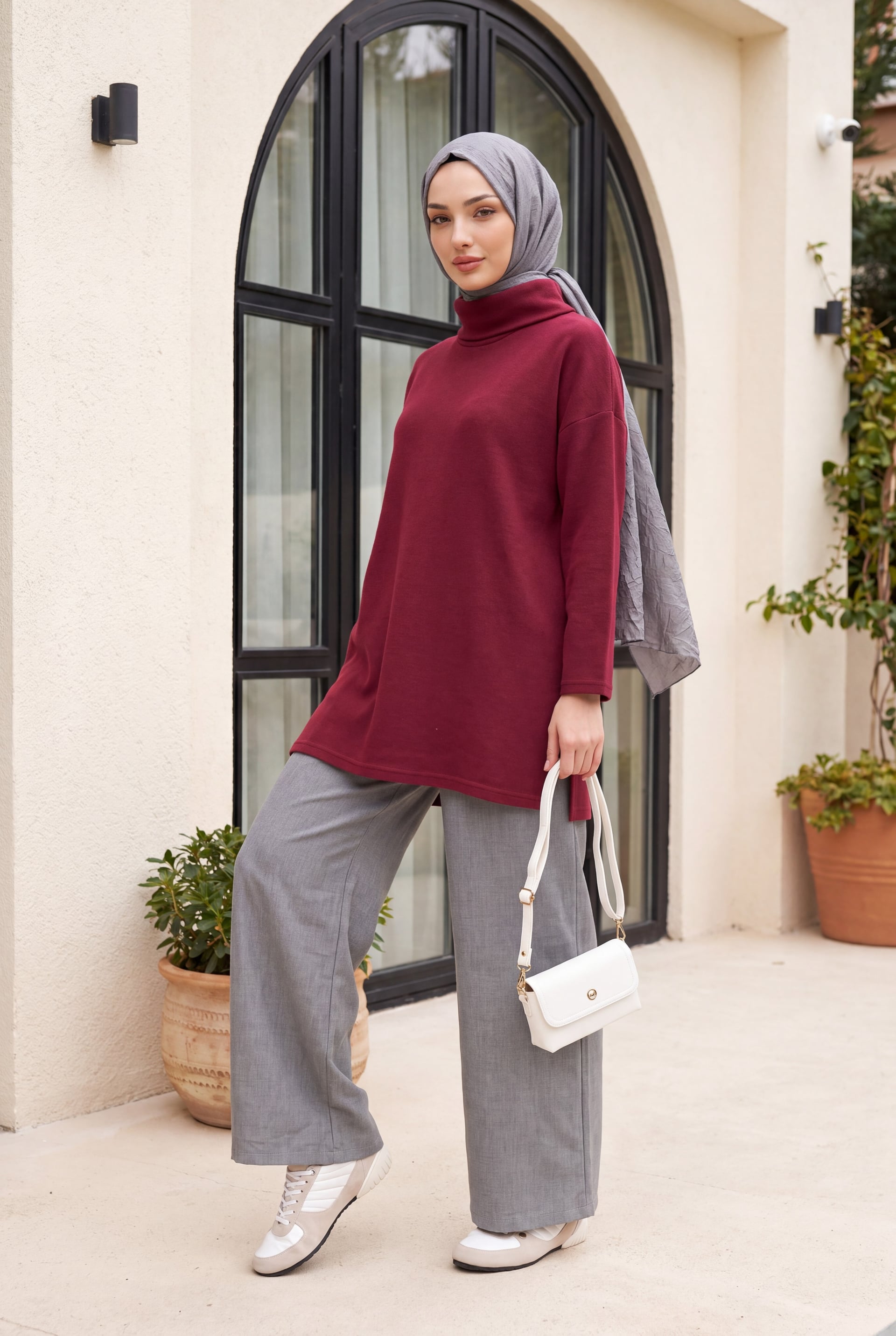Burgundy Turtleneck Slit Tunic - Podyumplus - by Peralane - photo 2