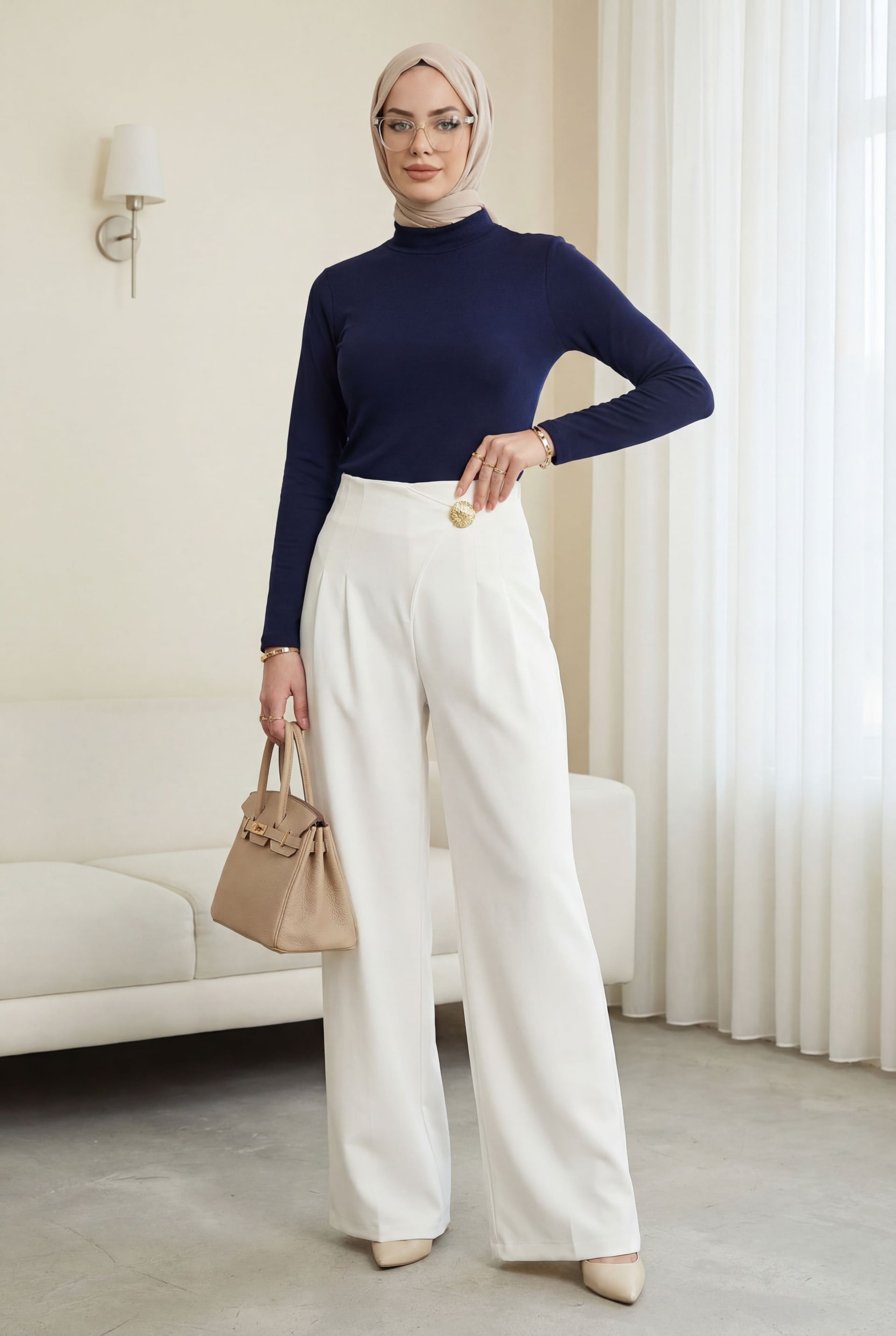 White Wide-Leg Crepe Trousers with Side Zipper and Brooch Detail - Podyumplus - by Peralane - photo 2