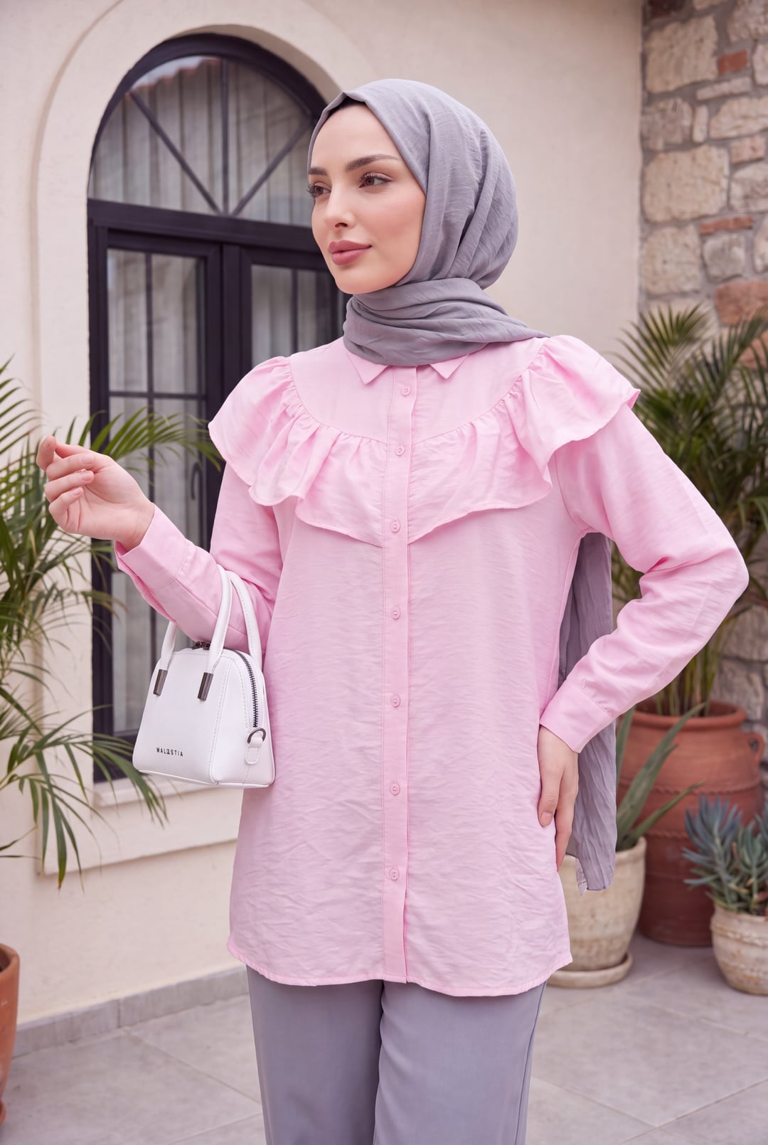Ruffled Button-Front Rayon Tunic - Pink - Podyumplus - by Peralane
