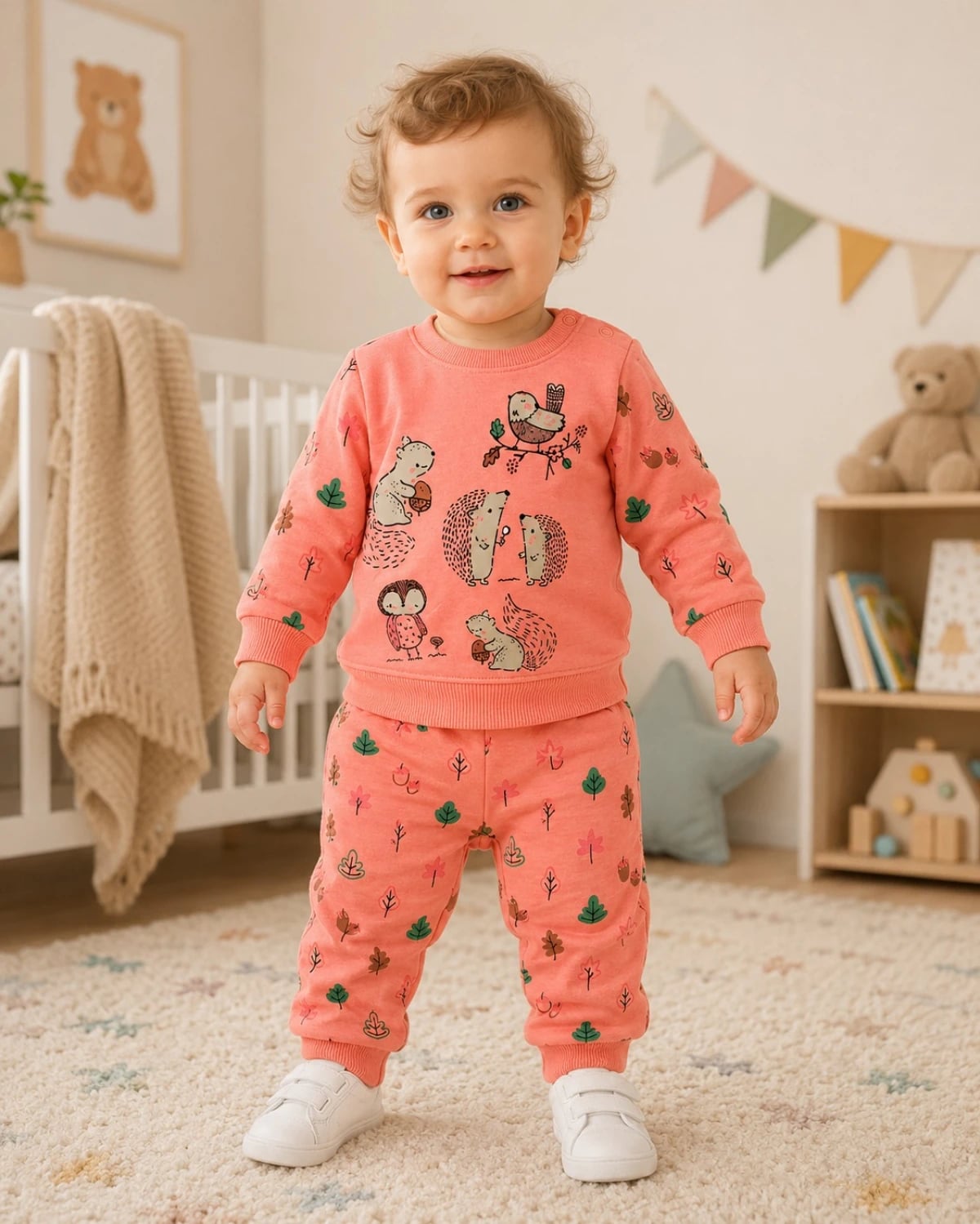2-Piece Baby Boy Tracksuit in Salmon with Woodland Animal Print - Sizes 3-12 Months - Has Bereket - by Peralane