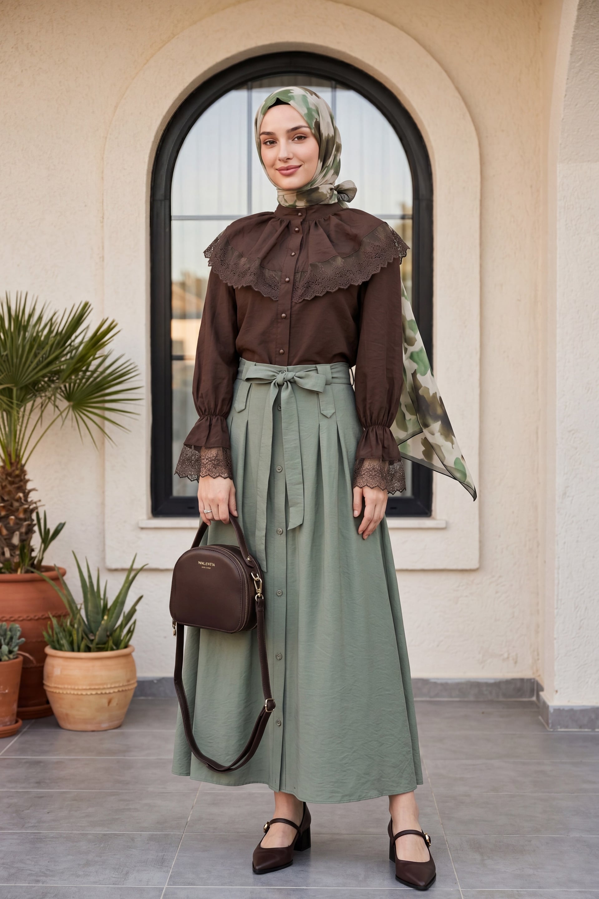 High Collar Long-Sleeve Modal Blouse with Lace Trim and Button Front - Dark Brown - Podyumplus - by Peralane - photo 6