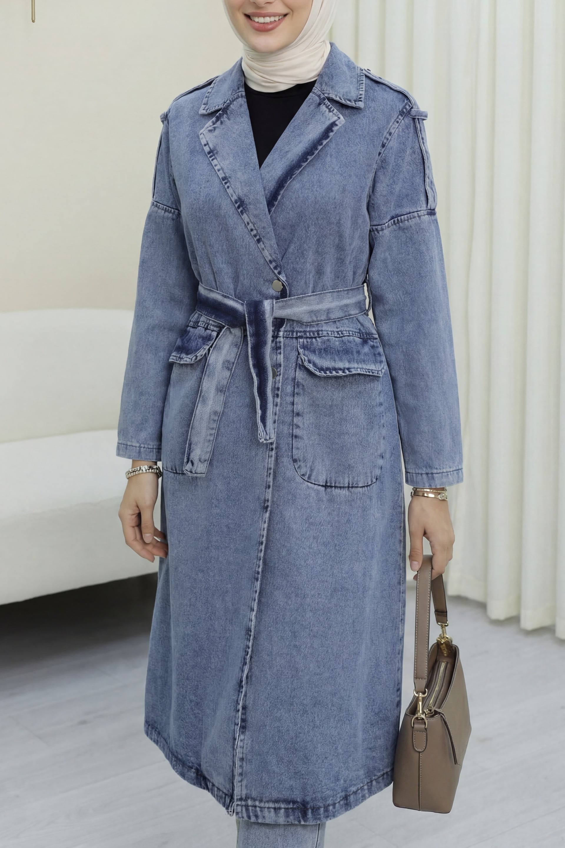 Shoulder Epaulette Pocket Belted Denim Trench Coat - Ice Blue - Podyumplus - by Peralane - photo 5