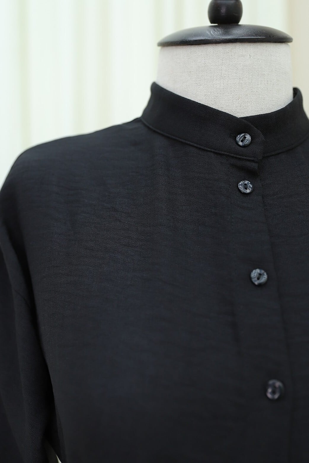 Half Button Stand Collar Tie Waist Linen Look Dress - Black - Podyumplus - by Peralane - photo 6