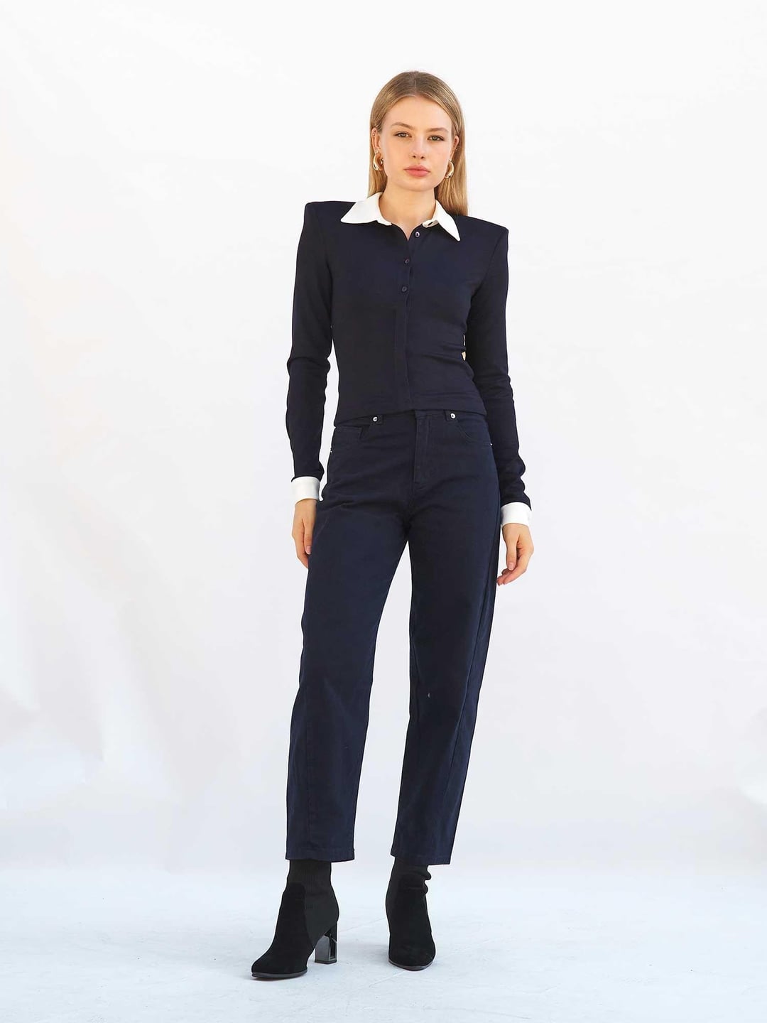Navy Gabardine Straight-Leg Trousers with Matching Shirt Set - Lefon - by Peralane