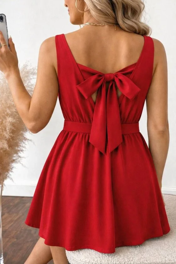 Women's Sleeveless Wrap V-Neck Red Crepe Dress with Back Bow - Janes - by Peralane - photo 3