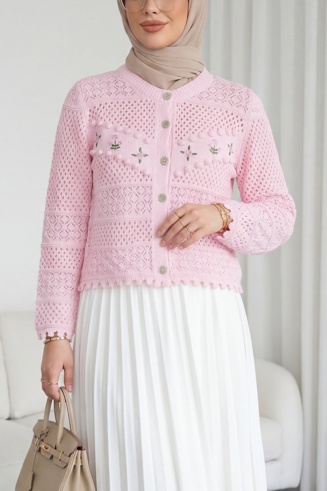 Pink Floral Embroidered Pom-Pom Button Knit Cardigan - Podyumplus - by Peralane