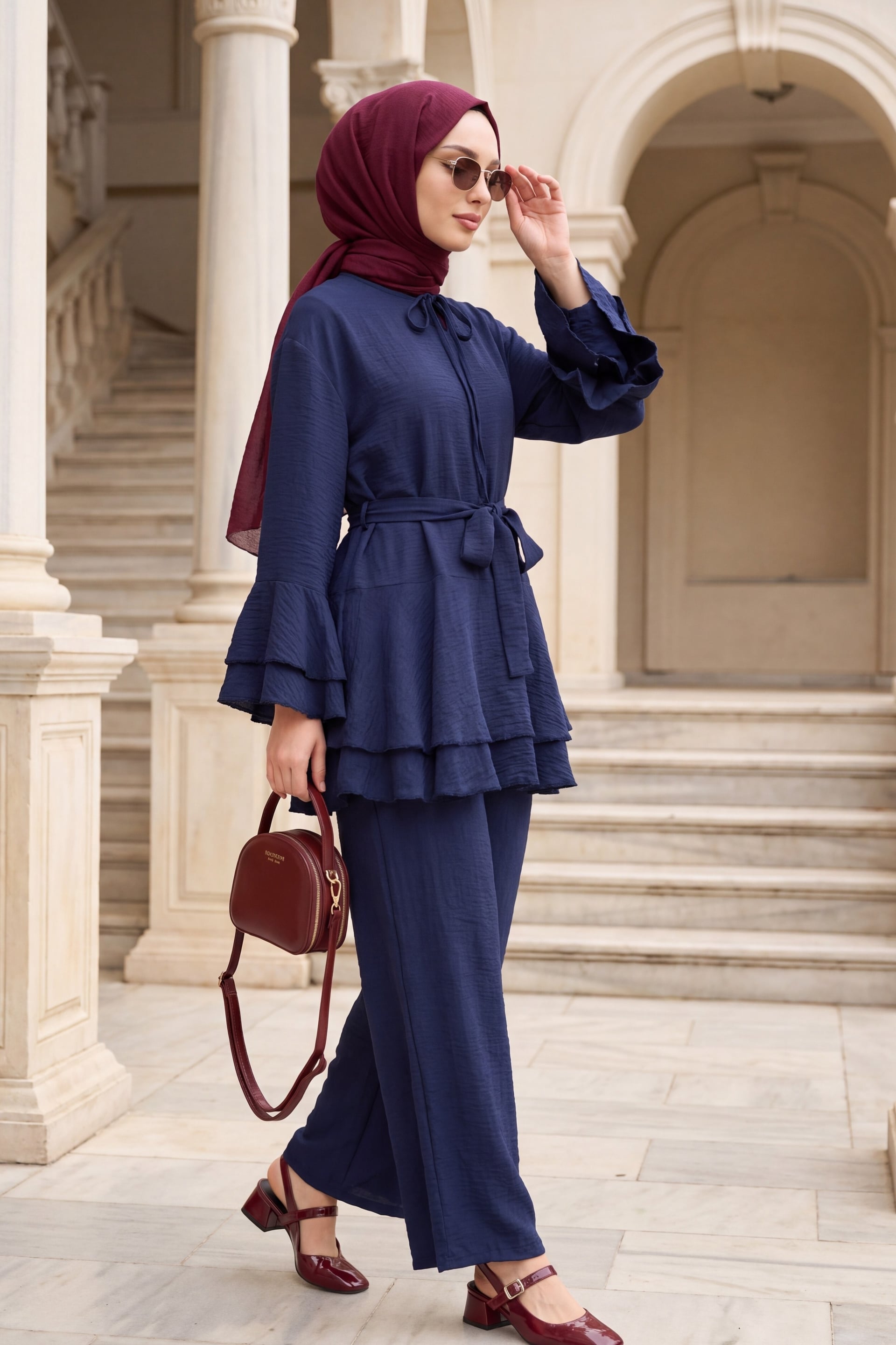 Navy Blue Jacquard Waffle Co-ord Set with Tunic and Wide-Leg Trousers - Podyumplus - by Peralane