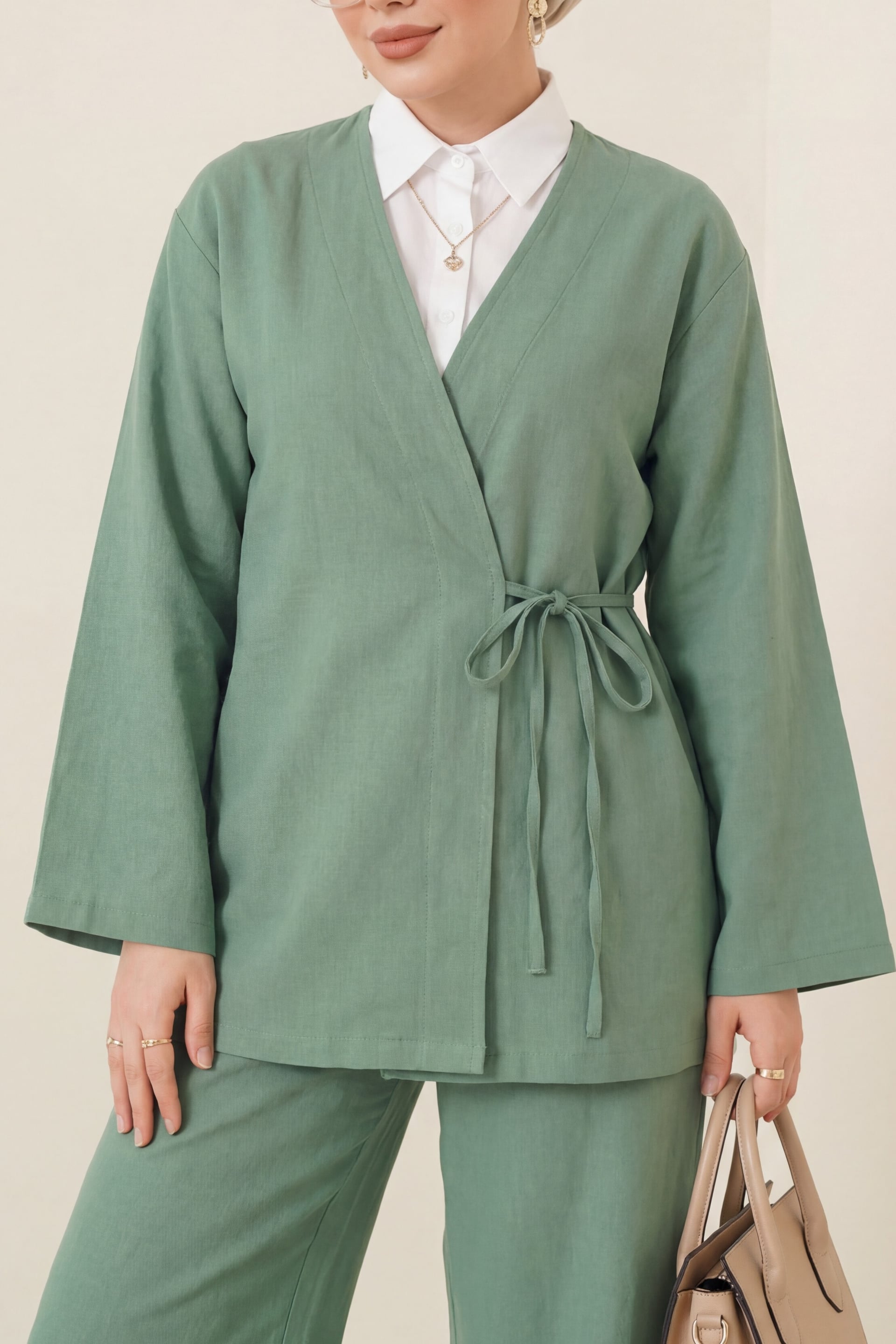 Mint Wrap-Front Kimono and Wide-Leg Trousers Co-ord Set - Podyumplus - by Peralane - photo 2
