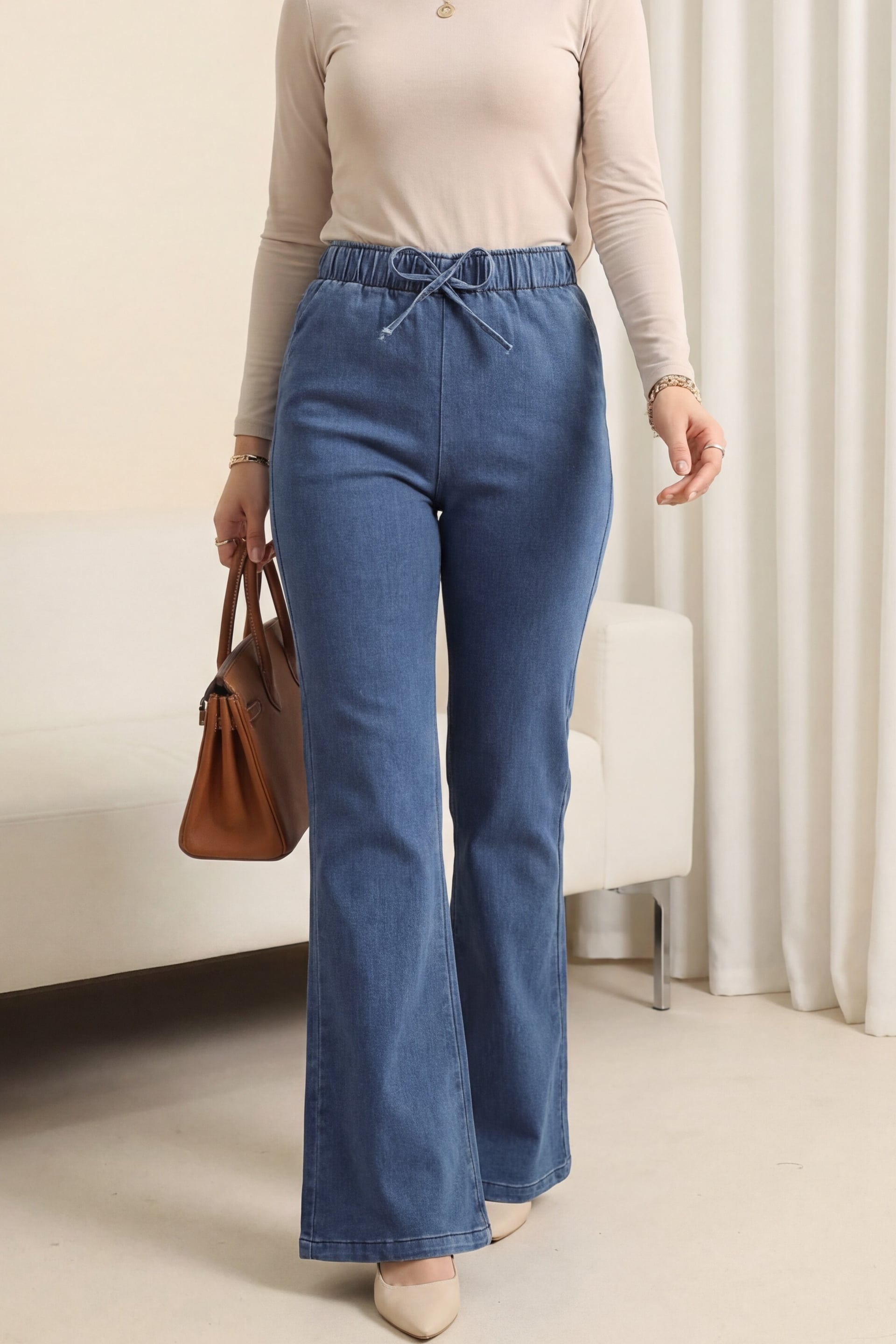 Ice Blue Tie-Detail Wide-Leg Denim Trousers - Podyumplus - by Peralane - photo 5