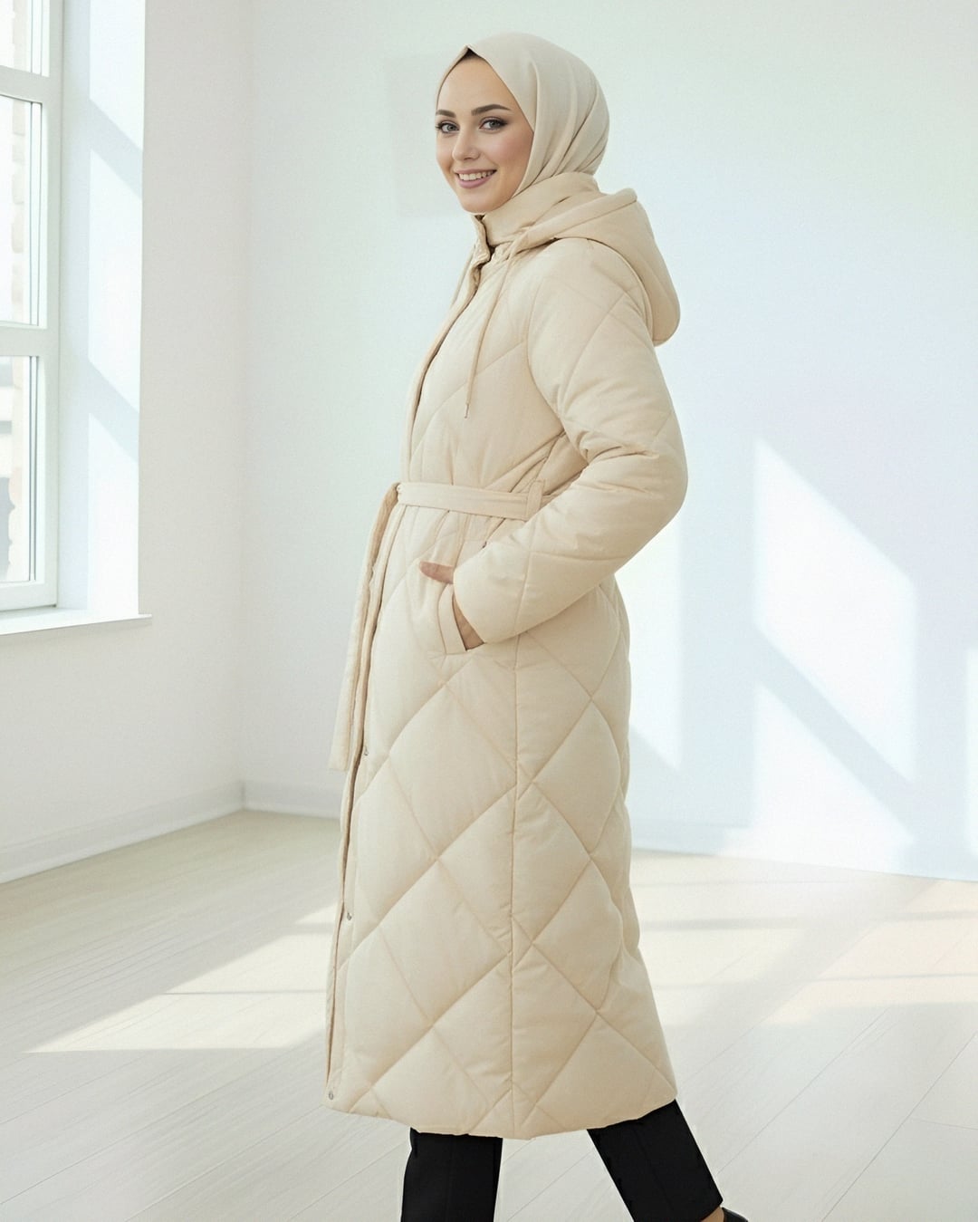 Belted Hooded Long Quilted Jacket - Stone - Podyumplus - by Peralane - photo 2