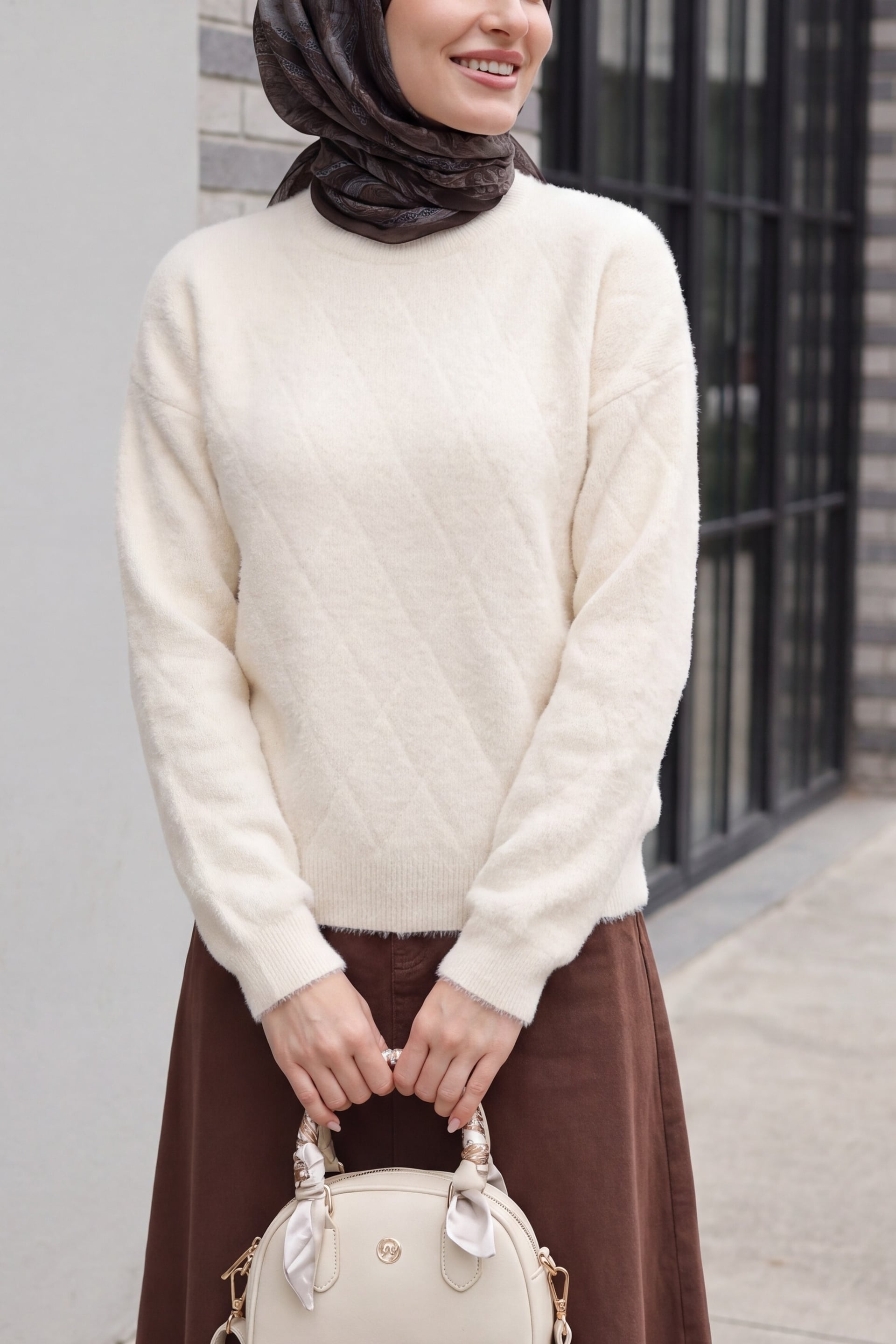 Women's Patterned Oversize Sweater 15970 - Cream - Bigdart - by Peralane