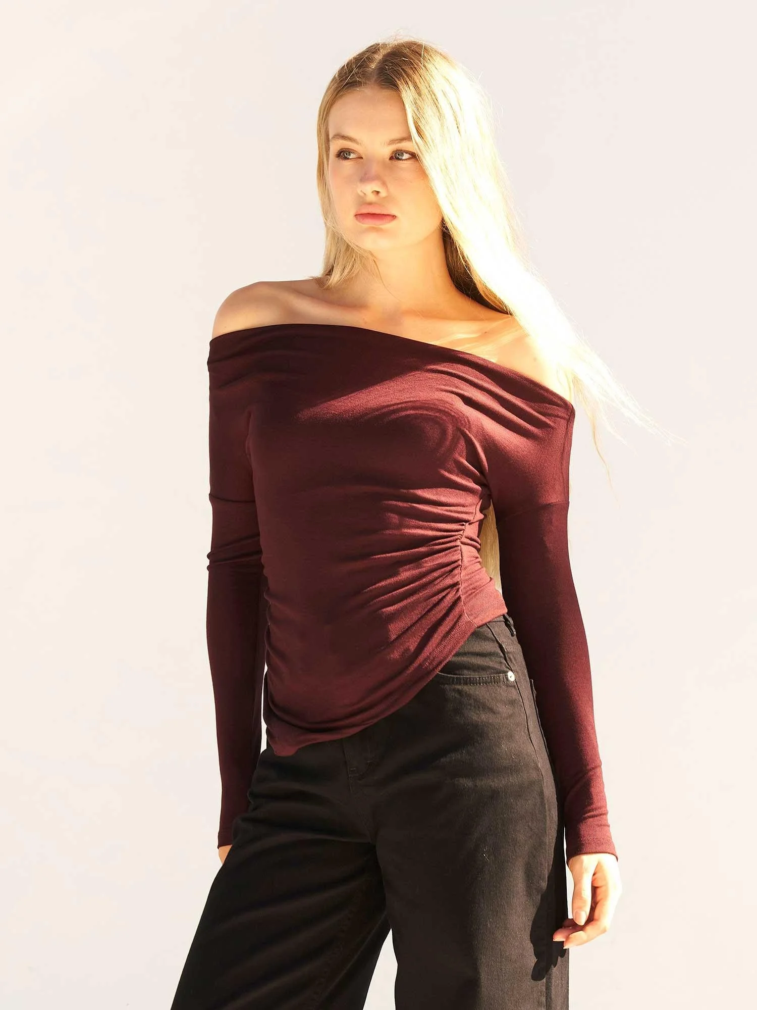 Burgundy Off-Shoulder Long Sleeve Knit Blouse - Lefon - by Peralane - photo 2