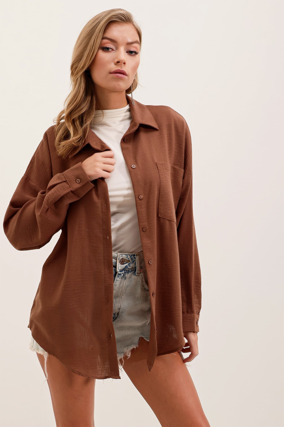 Oversize Linen Shirt with Chest Pocket - Brown - Bigdart - by Peralane - photo 2