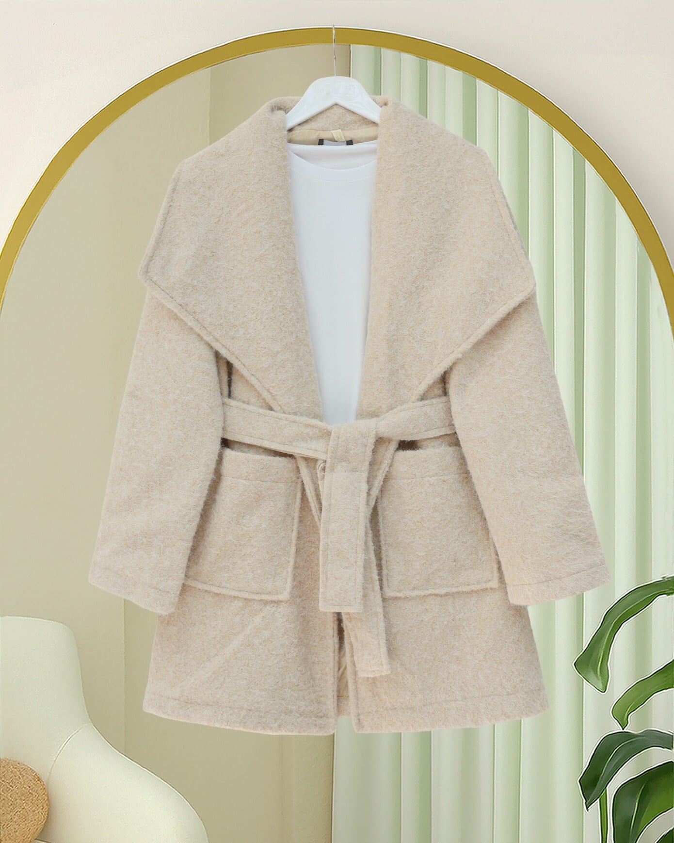 Wide Collar Belted Pocketed Coat in Light Beige - Podyumplus - by Peralane