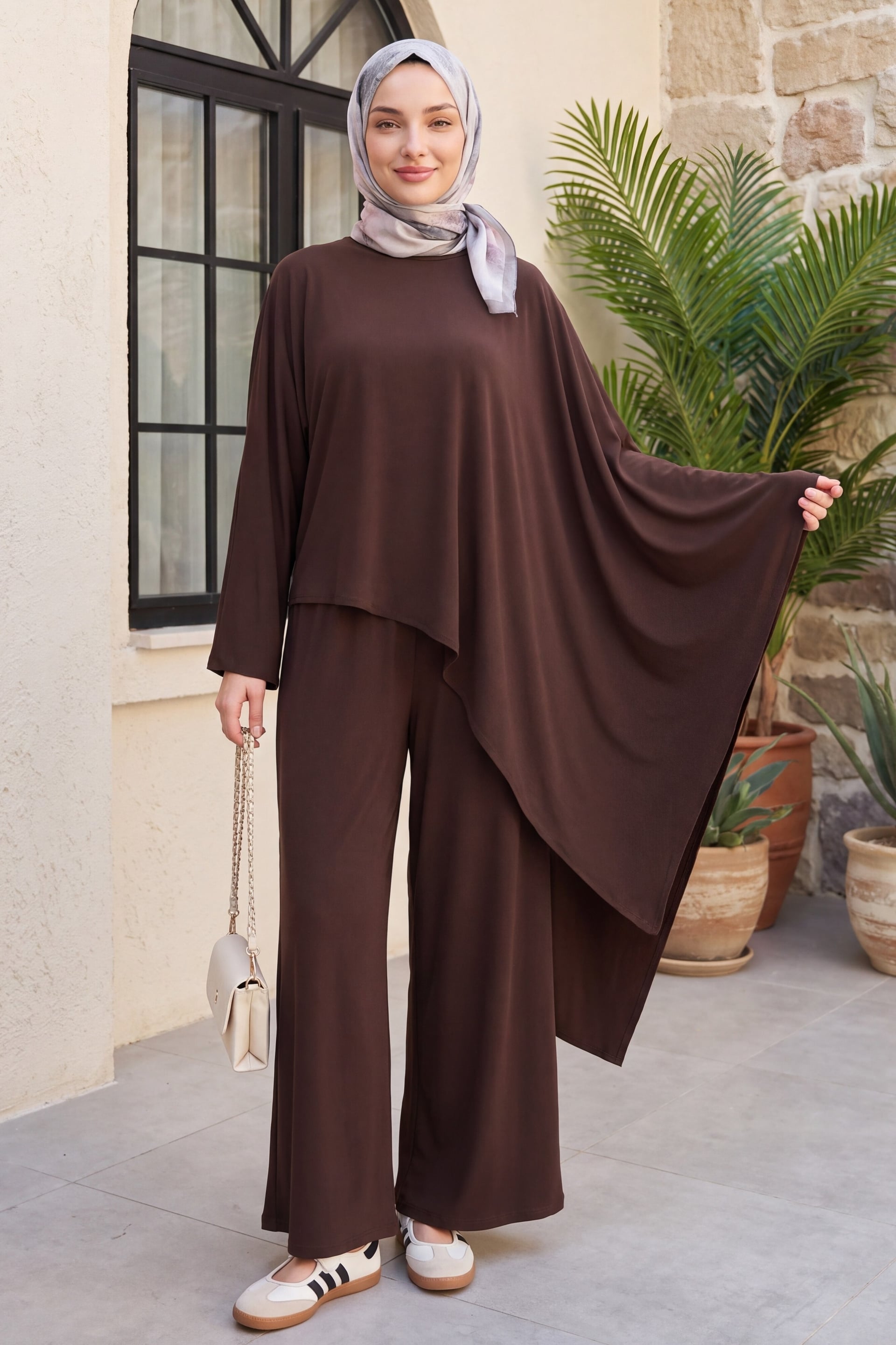 Asymmetric Cut Pocket Wide-Leg Trousers Casual Viscose Poncho Set - Dark Brown - Podyumplus - by Peralane
