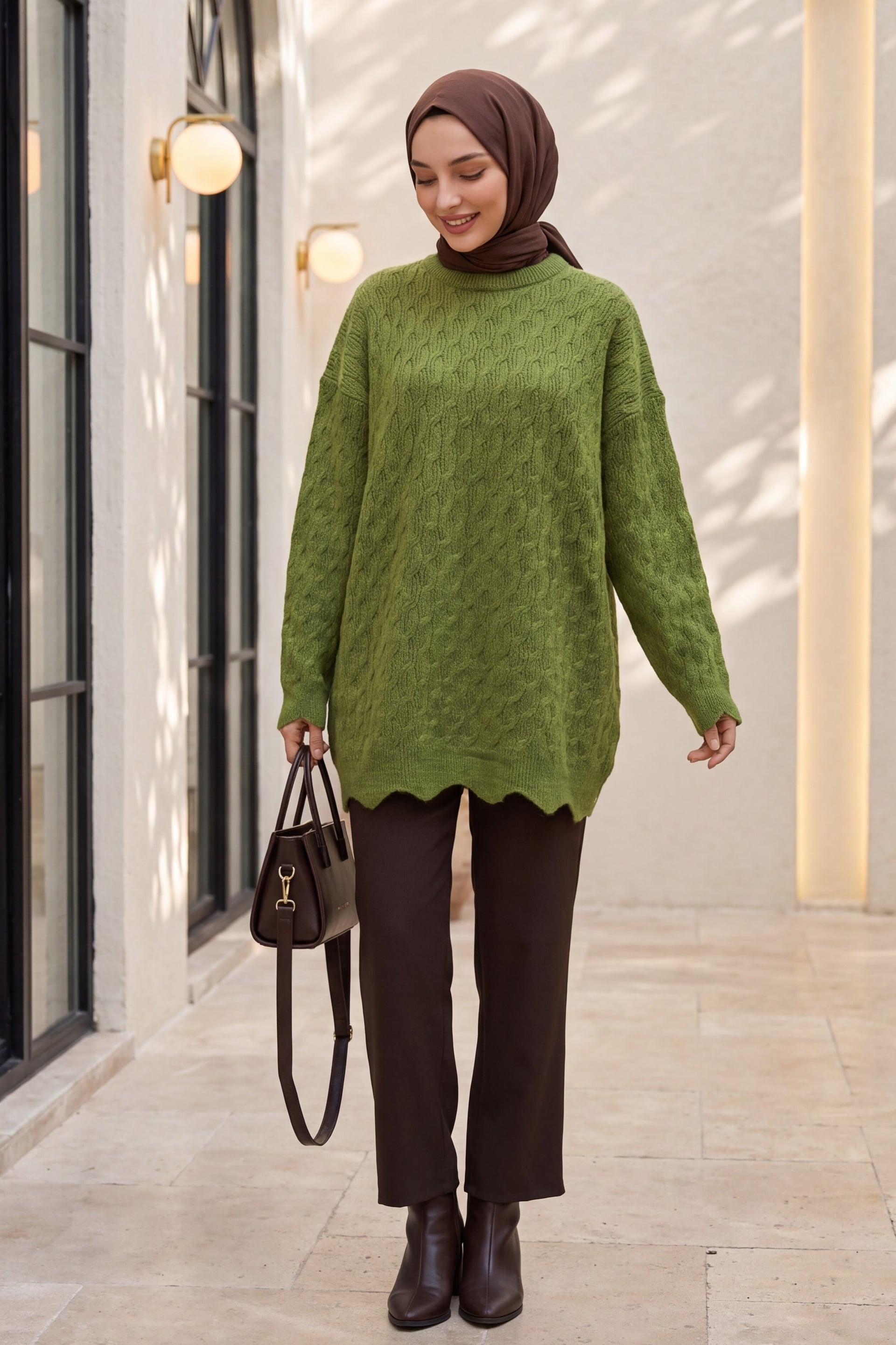 Chain Patterned Crewneck Loose Knit Tunic - Pistachio Green - Podyumplus - by Peralane - photo 3