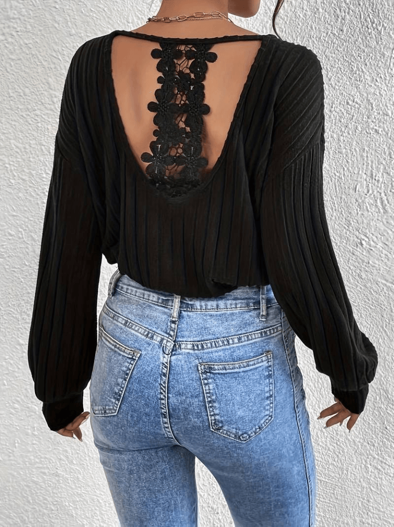 Women's Long-Sleeve V-Neck Top with Floral Crochet Back Panel - Black (Pack of 6) - Janes - by Peralane