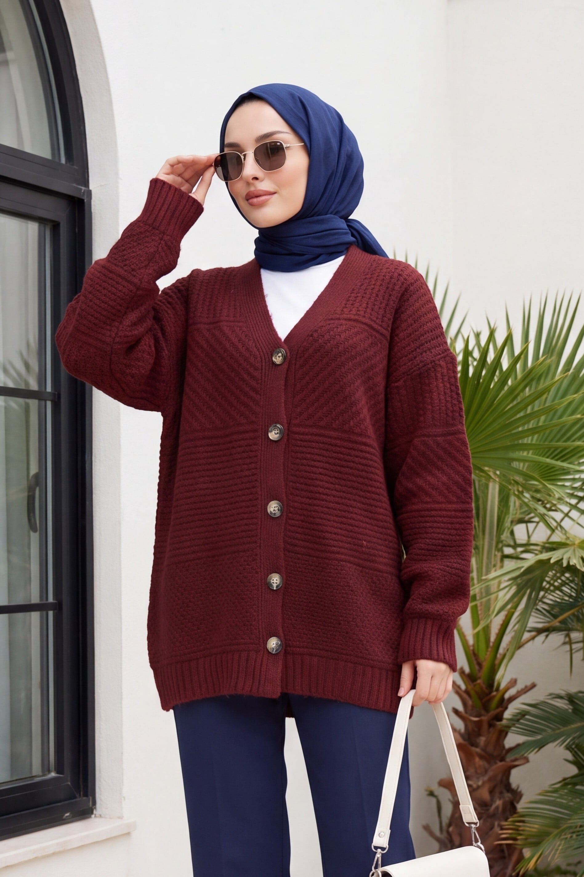 Button-Front V-Neck Relaxed Knit Cardigan - Burgundy - Podyumplus - by Peralane - photo 6