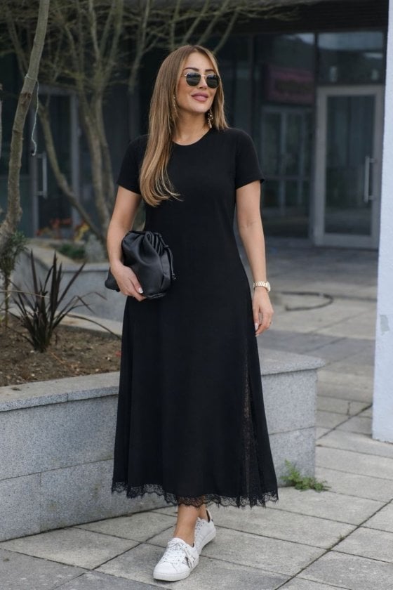 Women's Short Sleeve Round Neck Side Slit Lace Detail Long Viscose Dress - Janes - by Peralane