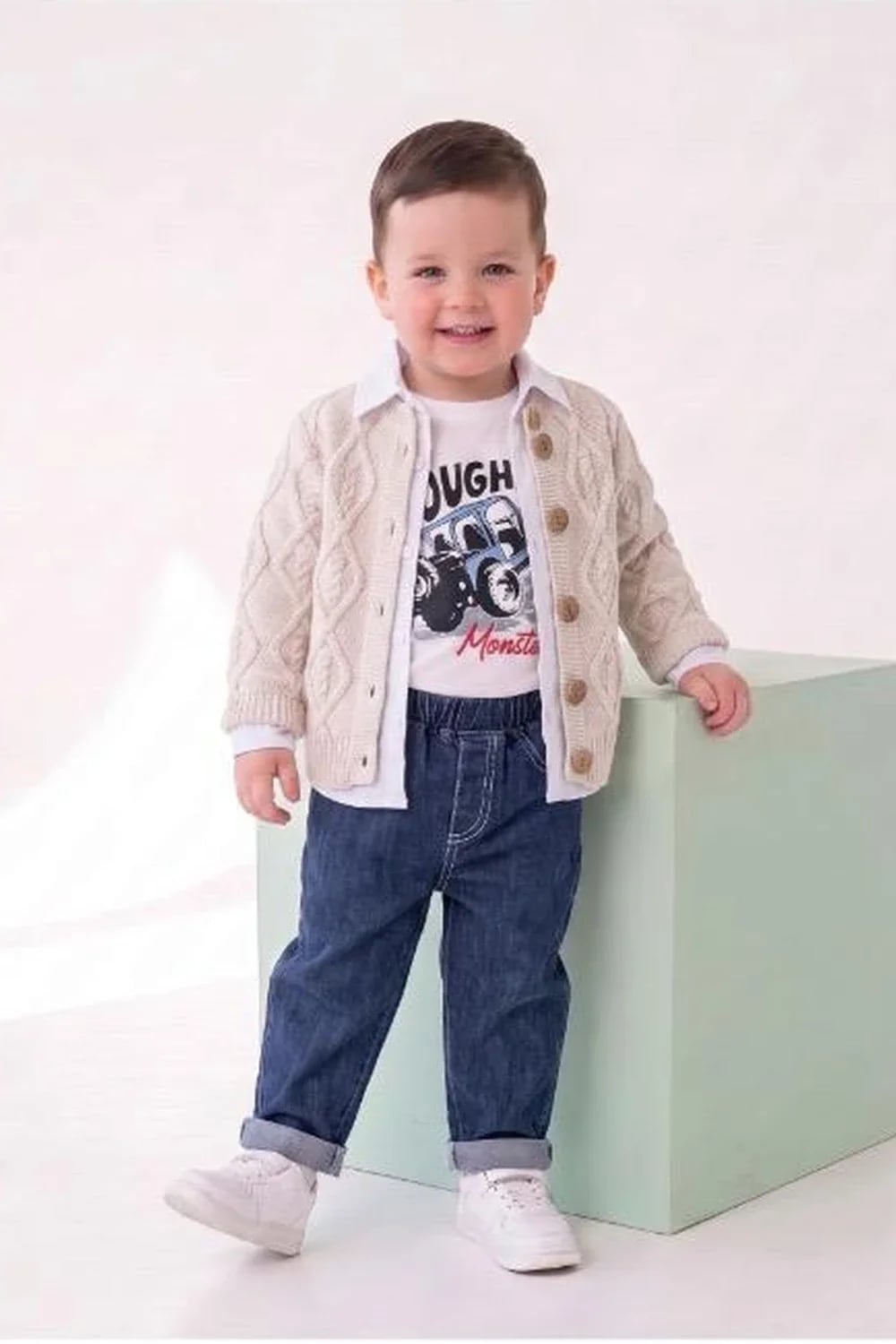 Boys' Knit Cardigan Set with T-Shirt and Denim Trousers - Cream - Has Bereket - by Peralane