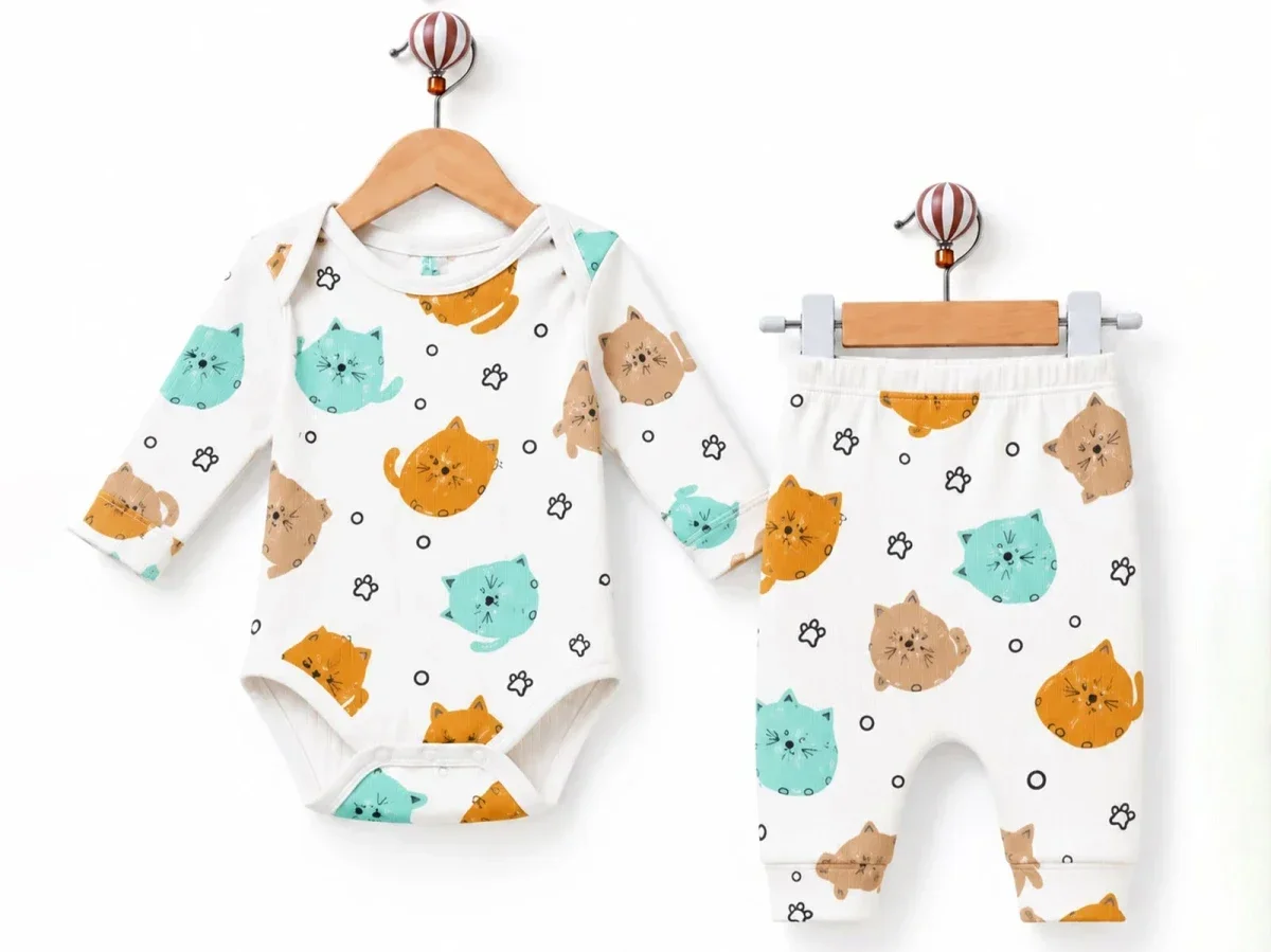 Cat Print Baby Bodysuit and Trousers Set - Yellow - Supermini - by Peralane