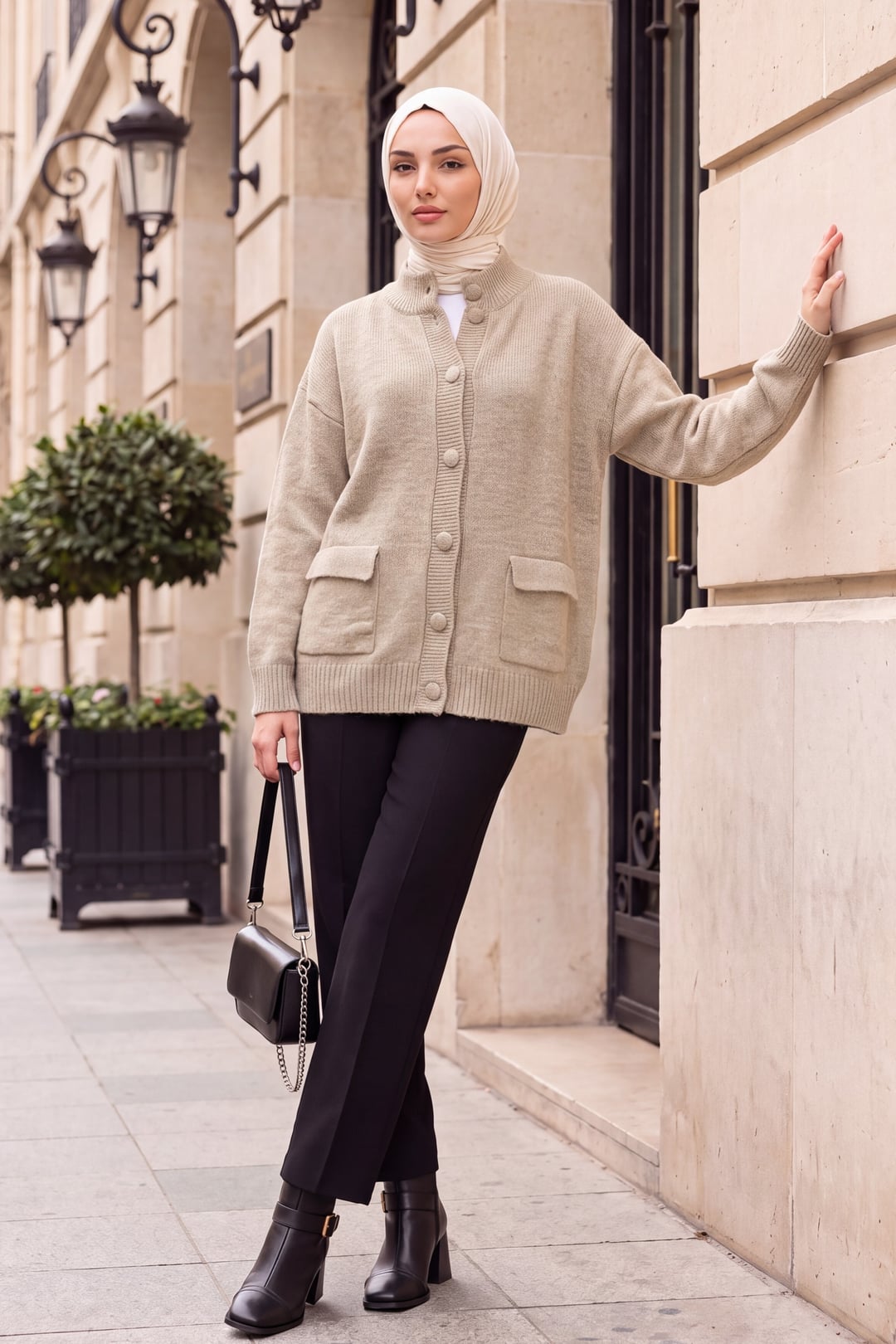 Beige Knit Cardigan with Mock Neck and Button Front for Women - Podyumplus - by Peralane - photo 4