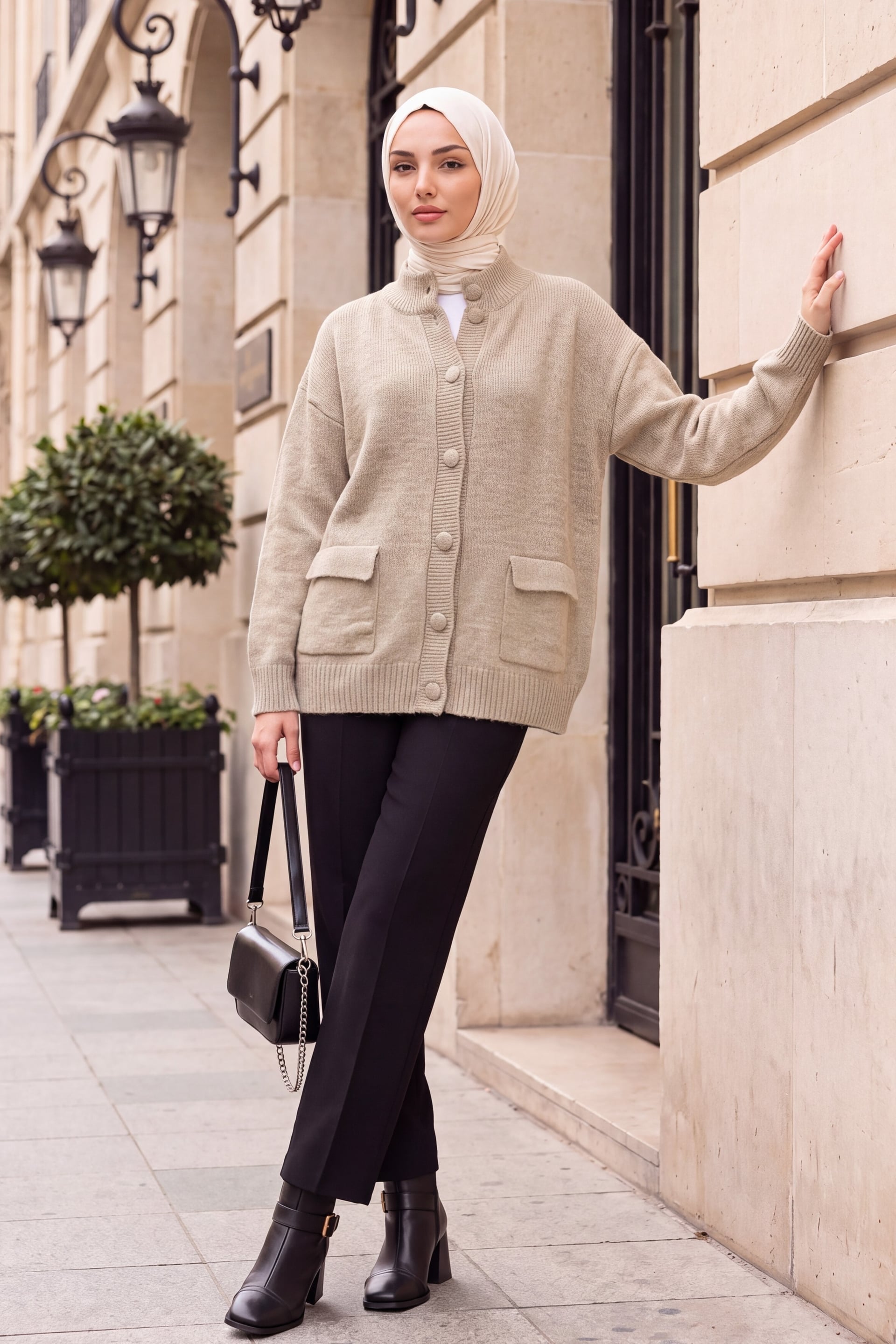 Beige Knit Cardigan with Mock Neck and Button Front for Women - Podyumplus - by Peralane - photo 4
