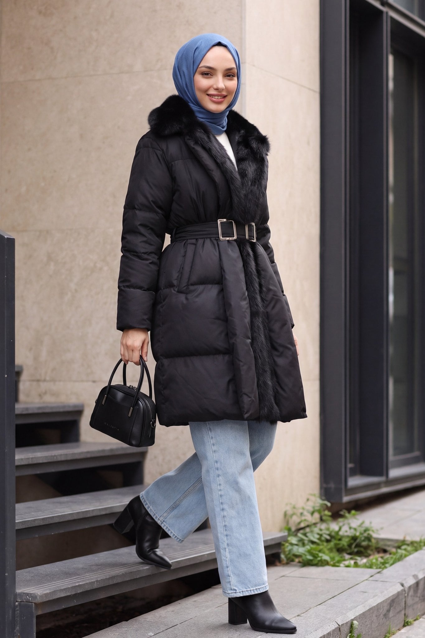Faux Fur Trim Belted Pocketed Quilted Puffer Coat - Black - Podyumplus - by Peralane - photo 7