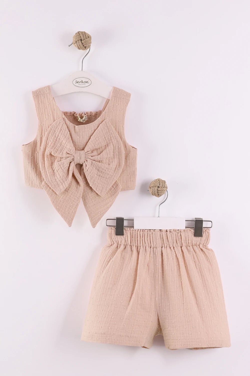 Girls' Two-Piece Cut-Out Shorts Set with Bow Top – Beige - Serkon Baby - by Peralane
