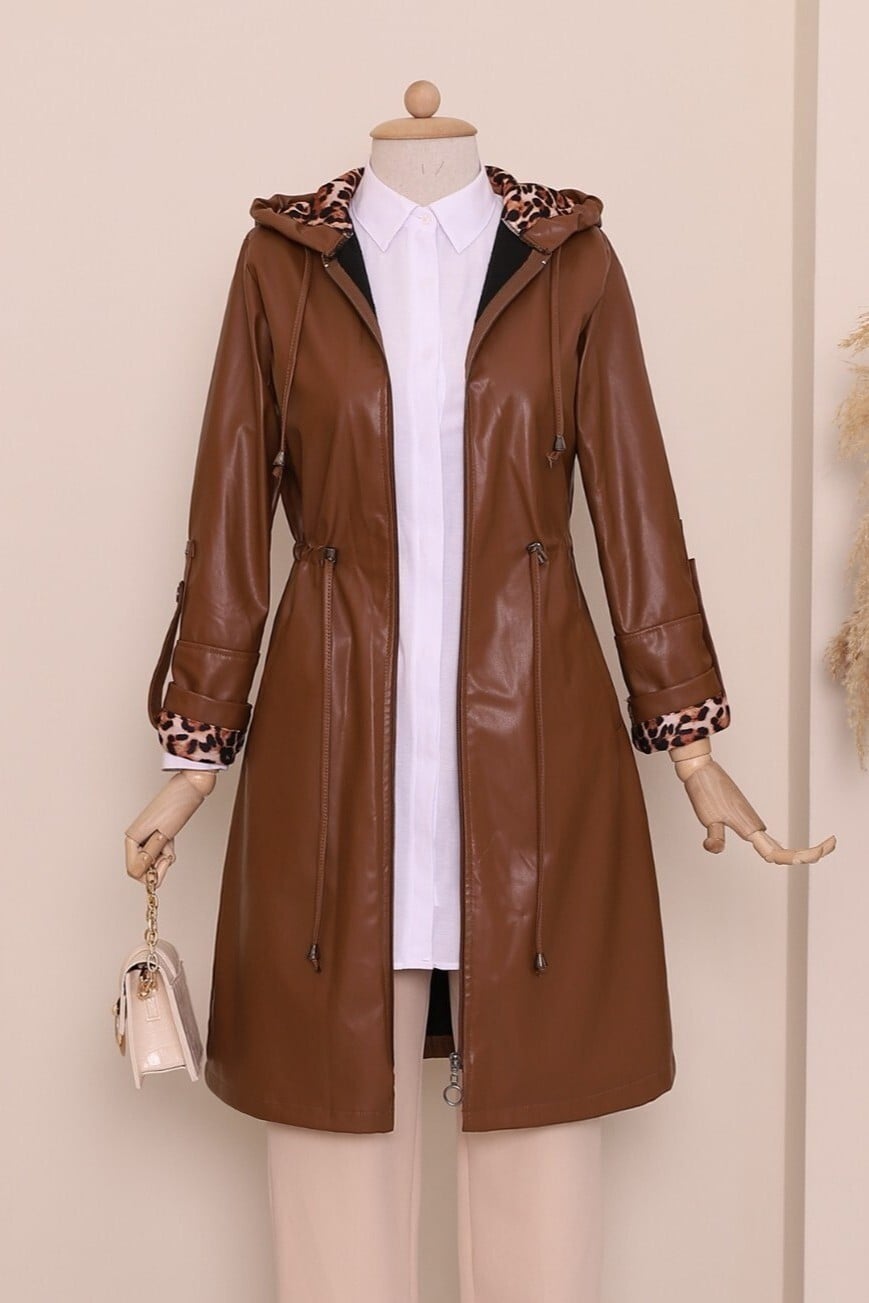 Hooded Faux Leather Jacket with Drawstring Waist - Tan - Podyumplus - by Peralane - photo 6