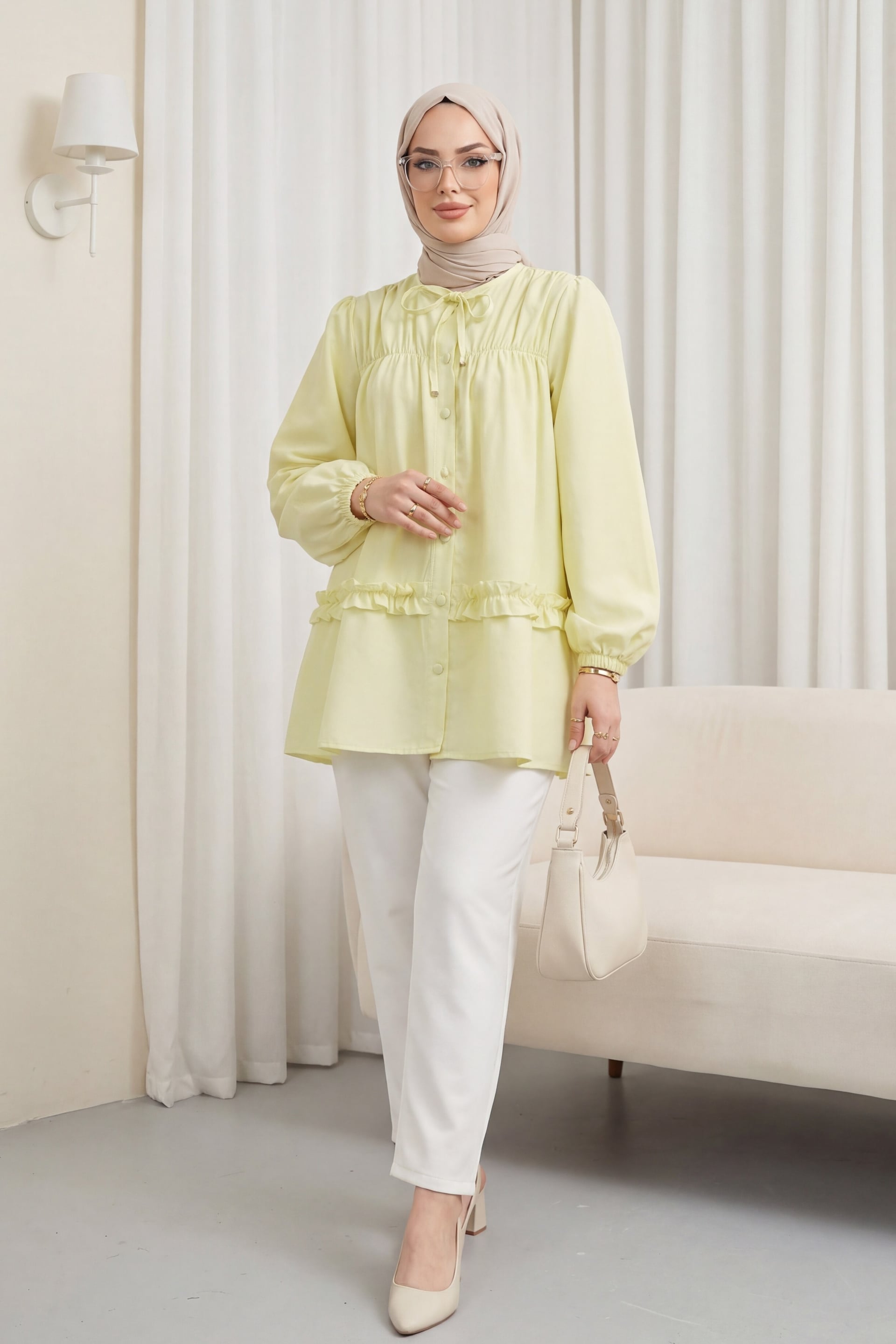 Ruffled Poplin Tunic with Elastic Smocked Yoke and Button Front - Yellow - Podyumplus - by Peralane - photo 2
